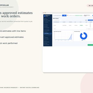 May include: A digital interface for HVAC business management software displaying a work order dashboard with a line graph and a blue donut chart. Text includes Turn approved estimates into work orders, Build estimates, and Track work performed.