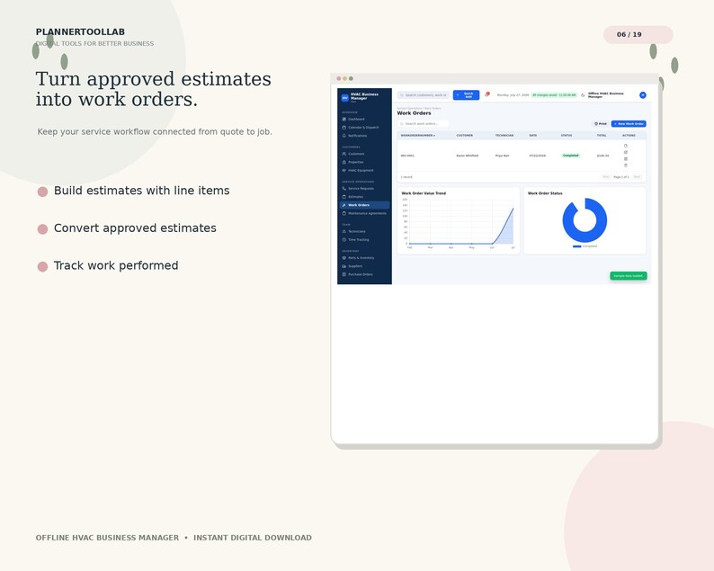 May include: A digital interface for HVAC business management software displaying a work order dashboard with a line graph and a blue donut chart. Text includes Turn approved estimates into work orders, Build estimates, and Track work performed.