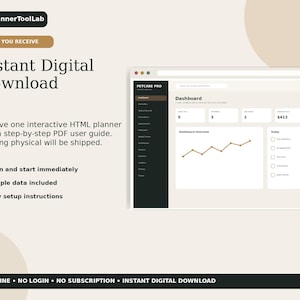 May include: A digital Petcare Pro dashboard interface displayed on a screen, featuring a dark sidebar, a light main area with a line graph, numerical data boxes, and a checklist. The text includes PlannerToolLab and Instant Digital Download.