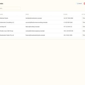 May include: A digital dashboard interface titled Ledger Pro displaying a client management table. The sidebar lists navigation options including Dashboard, Clients, Quotes, Invoices, Projects, Time Tracking, Expenses, Products, and Settings.