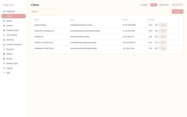 May include: A digital dashboard interface titled Ledger Pro displaying a client management table. The sidebar lists navigation options including Dashboard, Clients, Quotes, Invoices, Projects, Time Tracking, Expenses, Products, and Settings.