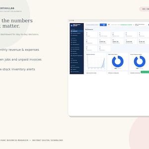 May include: A digital dashboard interface for HVAC business management featuring a dark blue sidebar, white data cards, and blue circular charts. Text includes "PLANNERTOOLAB", "See the numbers that matter", and "HVAC Business Manager".