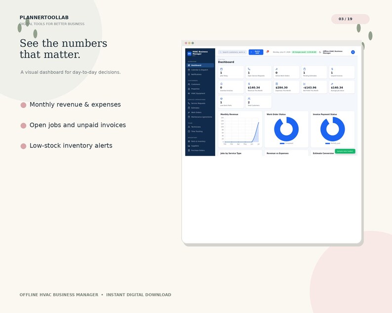 May include: A digital dashboard interface for HVAC business management featuring a dark blue sidebar, white data cards, and blue circular charts. Text includes "PLANNERTOOLAB", "See the numbers that matter", and "HVAC Business Manager".