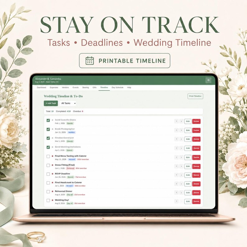 May include: A laptop screen displaying a digital wedding timeline and to-do list interface. The text reads STAY ON TRACK, Tasks, Deadlines, Wedding Timeline, and PRINTABLE TIMELINE. The interface shows a list of tasks with checkboxes, dates, and buttons.