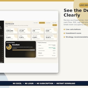 May include: A digital rental property investment calculator dashboard interface featuring financial metrics like purchase price, mortgage, cash flow, ROI, cap rate, and break-even occupancy. The screen displays an investment rating of Excellent.
