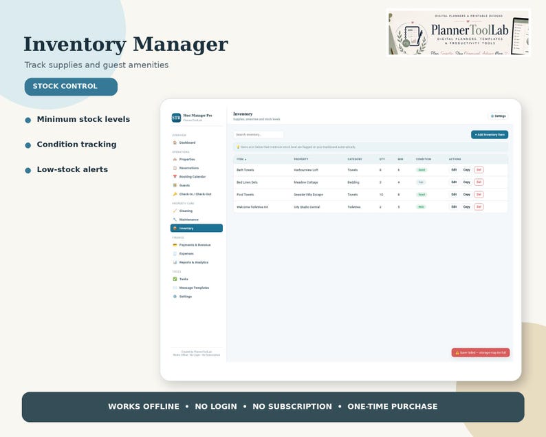 May include: A digital inventory manager dashboard for tracking supplies and guest amenities. The interface displays columns for item, property, category, quantity, minimum stock, and condition. Includes text: Inventory Manager, PlannerToolLab.