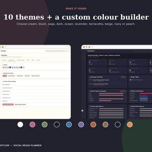 May include: A digital interface display showing a content planner with 10 themes and a custom color builder. The text reads: 10 themes + a custom colour builder. Choose cream, blush, sage, dark, ocean, lavender, terracotta, beige, navy or peach.