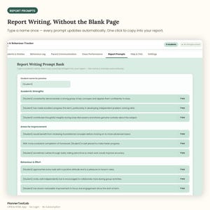 May include: A digital interface titled Report Writing Prompt Bank featuring a light green background. It includes sections for Academic Strengths, Areas for Improvement, and Behaviour & Effort, with copy buttons next to each text prompt field.