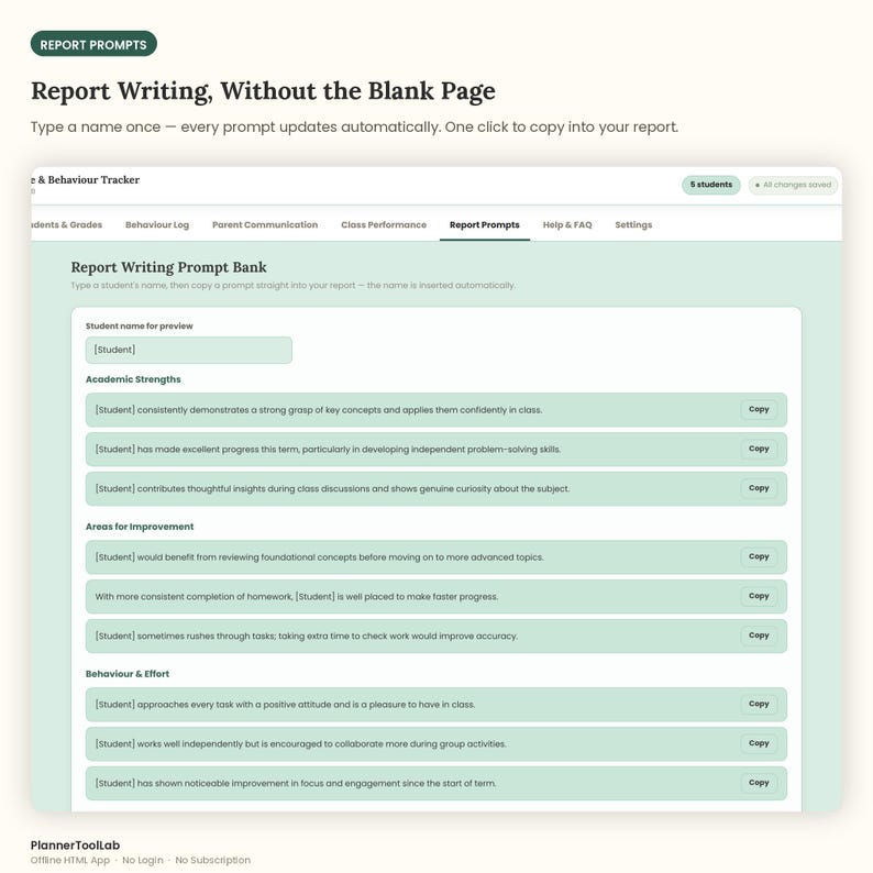 May include: A digital interface titled Report Writing Prompt Bank featuring a light green background. It includes sections for Academic Strengths, Areas for Improvement, and Behaviour & Effort, with copy buttons next to each text prompt field.