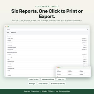 May include: A digital interface displaying financial reports with the text Accountant Ready, Six Reports. One Click to Print or Export. Profit & Loss, Payroll, Sales Tax, Mileage, Transactions and Business Summary. The screen shows revenue and expense data.