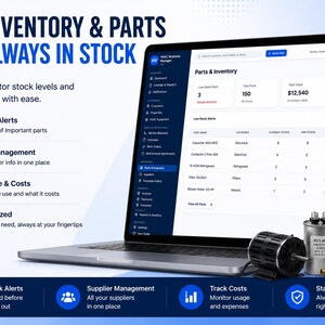 May include: A laptop displaying an inventory management software interface titled Parts & Inventory, surrounded by HVAC components including a motor, a capacitor, a refrigerant box, and pressure gauges, with text detailing stock tracking features.