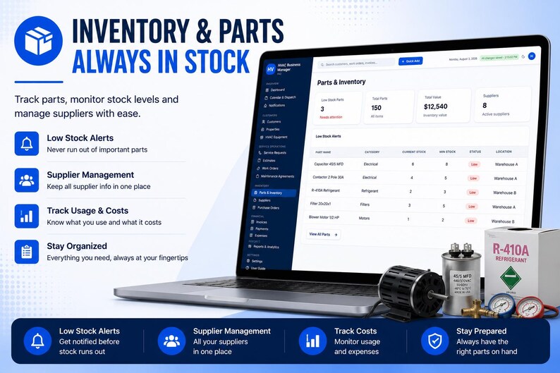 May include: A laptop displaying an inventory management software interface titled Parts & Inventory, surrounded by HVAC components including a motor, a capacitor, a refrigerant box, and pressure gauges, with text detailing stock tracking features.