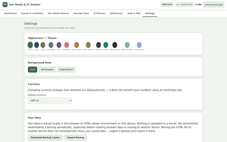 May include: A digital interface for a Net Worth & FI Tracker application showing a settings page. The layout includes sections for Appearance Theme with various color circles, Background Style options, Currency selection, and Your Data backup buttons.