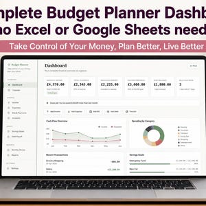 May include: A laptop displays a budget planner dashboard with financial data. The screen shows charts and figures, with the text "Complete Budget Planner Dashboard" and "Take Control of Your Money, Plan Better, Live Better". A coffee mug and notebook are on the wooden desk.