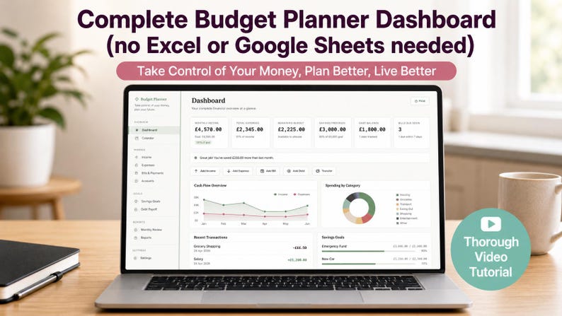 May include: A laptop displays a budget planner dashboard with financial data. The screen shows charts and figures, with the text "Complete Budget Planner Dashboard" and "Take Control of Your Money, Plan Better, Live Better". A coffee mug and notebook are on the wooden desk.