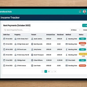 May include: A digital tablet displaying the UK Landlord Hub Rent Income Tracker interface. The screen shows a table of rent payments for October 2023, listing dates, property addresses, tenant names, amounts due, amounts received, and payment statuses.