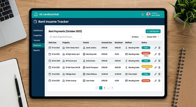 May include: A digital tablet displaying the UK Landlord Hub Rent Income Tracker interface. The screen shows a table of rent payments for October 2023, listing dates, property addresses, tenant names, amounts due, amounts received, and payment statuses.