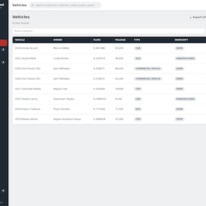 May include: A digital dashboard interface titled Garage Command displaying a table of vehicles with columns for owner, license plate, mileage, type, and warranty status. The sidebar menu lists navigation options including dashboard, customers, and repair orders.