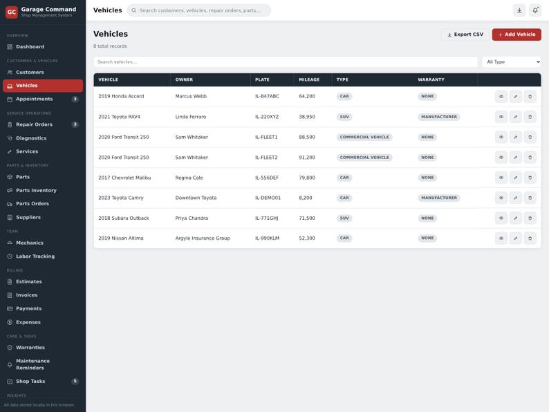 May include: A digital dashboard interface titled Garage Command displaying a table of vehicles with columns for owner, license plate, mileage, type, and warranty status. The sidebar menu lists navigation options including dashboard, customers, and repair orders.