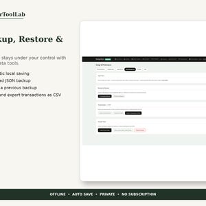 May include: A digital interface display for PlannerToolLab showing Backup, Restore & CSV settings. The screen features sections for data management, including automatic local saving, JSON backup downloads, and CSV transaction imports and exports.