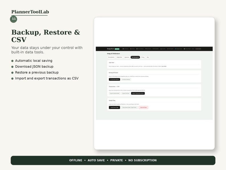 May include: A digital interface display for PlannerToolLab showing Backup, Restore & CSV settings. The screen features sections for data management, including automatic local saving, JSON backup downloads, and CSV transaction imports and exports.