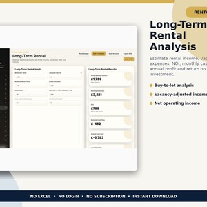 May include: A digital rental property investment calculator interface displayed on a screen. The dashboard features sections for long-term rental inputs and results, including fields for monthly rent, vacancy rate, management fees, and insurance costs.