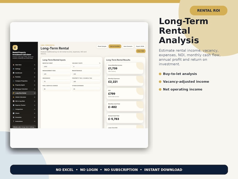 May include: A digital rental property investment calculator interface displayed on a screen. The dashboard features sections for long-term rental inputs and results, including fields for monthly rent, vacancy rate, management fees, and insurance costs.