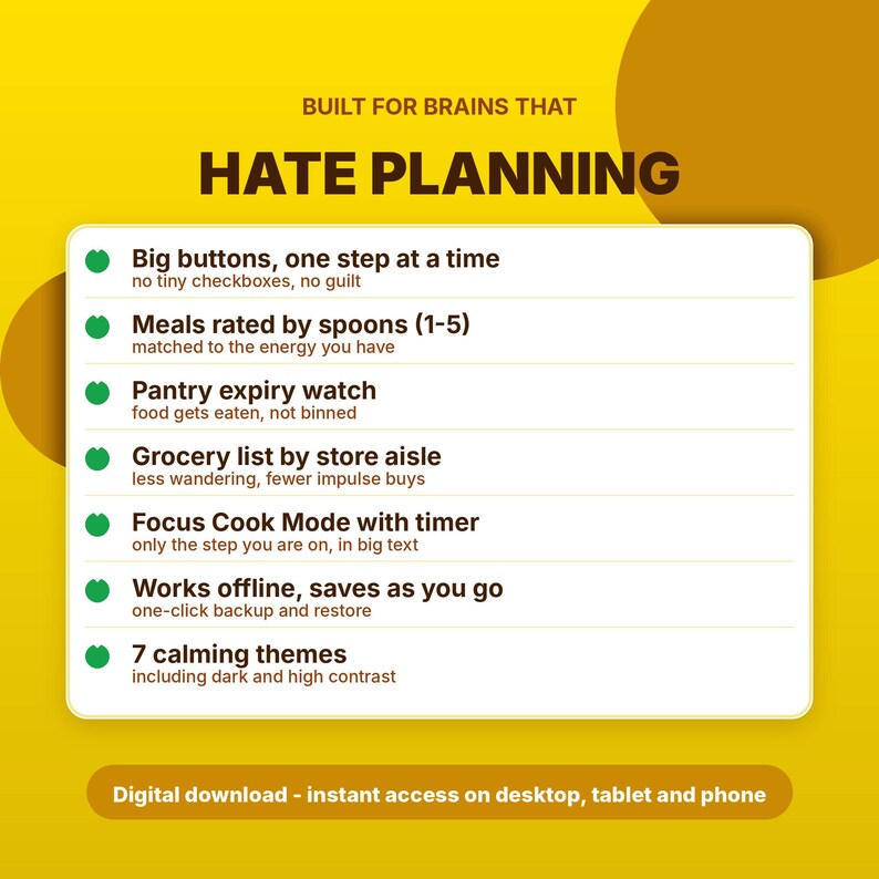 May include: A yellow digital graphic with the text BUILT FOR BRAINS THAT HATE PLANNING. It lists features including big buttons, meals rated by spoons, pantry expiry watch, grocery list by store aisle, focus cook mode, offline access, and 7 themes.