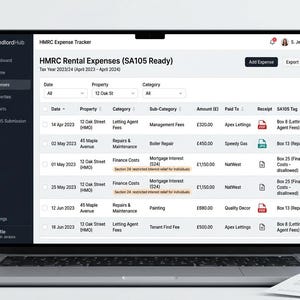 May include: A laptop screen displaying the LandlordHub software interface, specifically the HMRC Expense Tracker for the 2023/24 tax year. The dashboard shows a table of rental expenses including dates, property names, categories, and amounts in pounds.