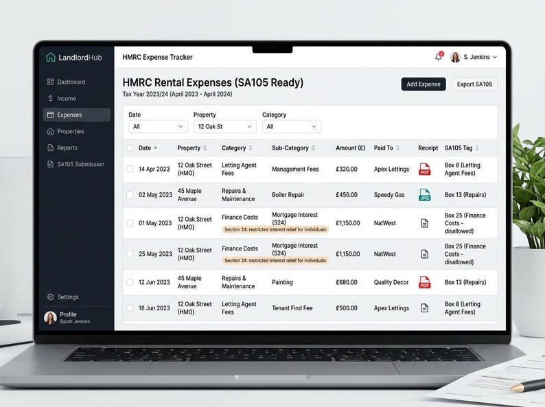 May include: A laptop screen displaying the LandlordHub software interface, specifically the HMRC Expense Tracker for the 2023/24 tax year. The dashboard shows a table of rental expenses including dates, property names, categories, and amounts in pounds.