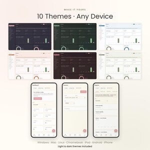 May include: A digital interface display featuring 10 Themes Any Device with various dashboard color schemes for desktop and mobile. The layout includes multiple screen views showing charts, graphs, and navigation menus across light and dark modes.