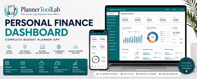 Personal Finance Dashboard, Budget Planner App, Offline HTML Tracker image 1