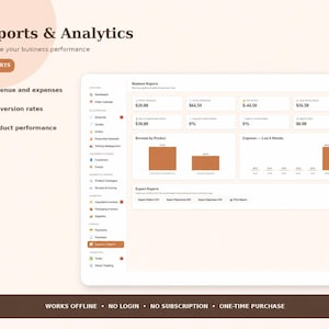 May include: A digital dashboard interface titled Reports & Analytics displaying business metrics. The screen features a sidebar menu, revenue and expense charts, and financial data cards with numerical values. A footer bar states: WORKS OFFLINE &bull; NO LOGIN &bull; NO SUBSCRIPTION &bull; ONE-TIME PURCHASE.