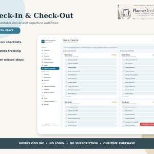 May include: A digital dashboard interface titled Check-In & Check-Out from PlannerToolLab. The screen displays a property management workflow with custom checklists, progress tracking, and status updates for guest arrivals and departures.