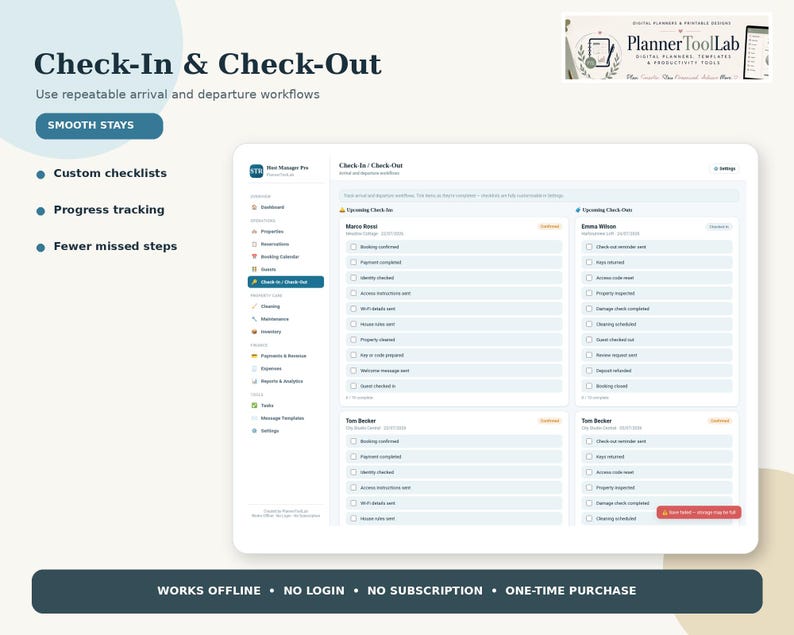 May include: A digital dashboard interface titled Check-In & Check-Out from PlannerToolLab. The screen displays a property management workflow with custom checklists, progress tracking, and status updates for guest arrivals and departures.
