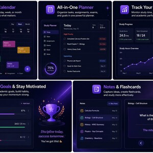 May include: A digital study planner interface featuring five dark-themed panels: Smart Calendar, All-in-One Planner, Track Your Progress, Set Goals & Stay Motivated, and Notes & Flashcards. The dashboard displays schedules, task lists, progress charts, goal trackers, and educational flashcards with purple and white text on a dark background.