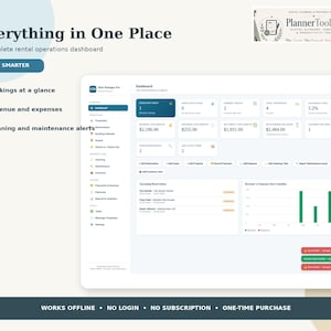 May include: A digital rental operations dashboard titled Host Manager Pro, featuring a sidebar menu, data cards for bookings, revenue, and expenses, and a bar chart. Text includes Everything in One Place, Host Smarter, and PlannerToolLab.