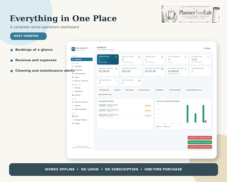 May include: A digital rental operations dashboard titled Host Manager Pro, featuring a sidebar menu, data cards for bookings, revenue, and expenses, and a bar chart. Text includes Everything in One Place, Host Smarter, and PlannerToolLab.