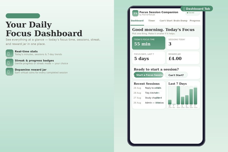 May include: A digital focus dashboard interface on a smartphone screen titled Focus Session Companion. The display features sections for daily focus time, session counts, streak tracking, a reward jar, and a bar chart showing activity over the last 7 days.