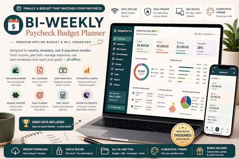Bi-Weekly Paycheck Budget Planner | Zero Based Bill Tracker (Offline HTML App) image 1