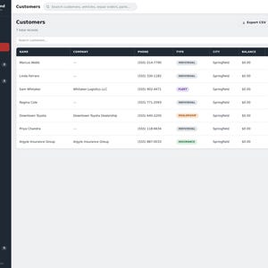 May include: A digital dashboard interface titled Garage Command displaying a customer management table. The table lists names, companies, phone numbers, customer types, cities, and balances. A dark sidebar on the left shows navigation menus.