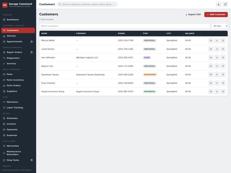 May include: A digital dashboard interface titled Garage Command displaying a customer management table. The table lists names, companies, phone numbers, customer types, cities, and balances. A dark sidebar on the left shows navigation menus.