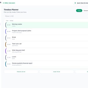 May include: A digital Timebox Planner interface titled ADHD Second Brain featuring a sidebar menu with options like Today, Brain Dump, and Focus Mode. The main view displays a daily schedule with time slots, activity descriptions, and status buttons.