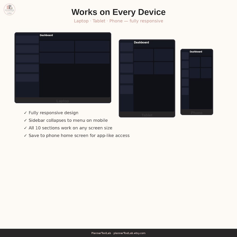 May include: A digital dashboard interface displayed on a laptop, tablet, and phone, featuring the text Works on Every Device, Laptop, Tablet, Phone, fully responsive, and a list of features including fully responsive design and app-like access.