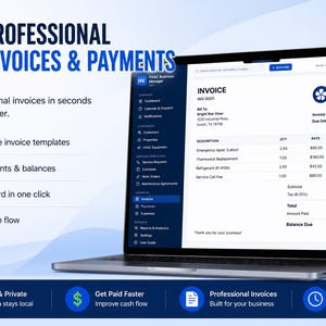 May include: A laptop and smartphone displaying the HVAC Business Manager PRO software interface. The screens show professional invoice templates, payment tracking, and financial summaries with text including Professional Invoices & Payments.