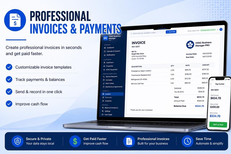 May include: A laptop and smartphone displaying the HVAC Business Manager PRO software interface. The screens show professional invoice templates, payment tracking, and financial summaries with text including Professional Invoices & Payments.