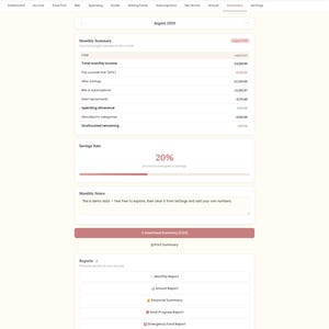May include: A digital budget tracker interface titled Pay Yourself First showing an August 2026 monthly summary. The dashboard displays financial data including total monthly income of &pound;3,150.00, savings rate of 20%, and various report options.