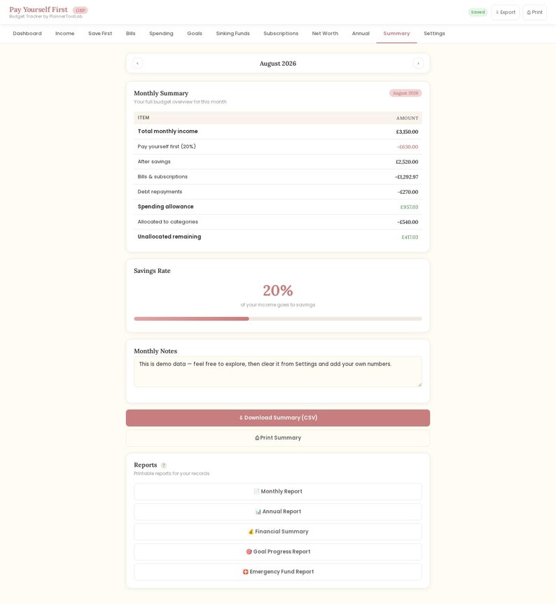May include: A digital budget tracker interface titled Pay Yourself First showing an August 2026 monthly summary. The dashboard displays financial data including total monthly income of &pound;3,150.00, savings rate of 20%, and various report options.
