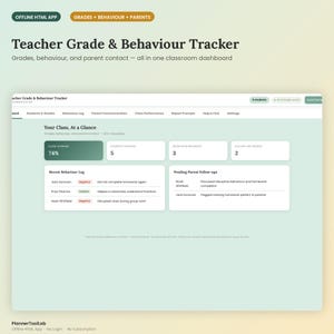May include: A digital Teacher Grade & Behaviour Tracker dashboard displayed on a screen. The interface features sections for class averages, student tracking, behaviour logs, and parent follow-ups, with text labels for navigation and data.