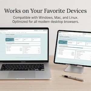 May include: A laptop and a tablet on a stand displaying a digital dashboard titled Your Move, In One Place. Text above reads: Works on Your Favorite Devices. Compatible with Windows, Mac, and Linux. Optimized for all modern desktop browsers.